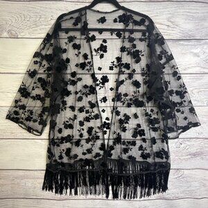 SHEIN‎ Curve Black Kimono Size 1X Fringe Burnout Velvet Floral Witchy Whimsigoth